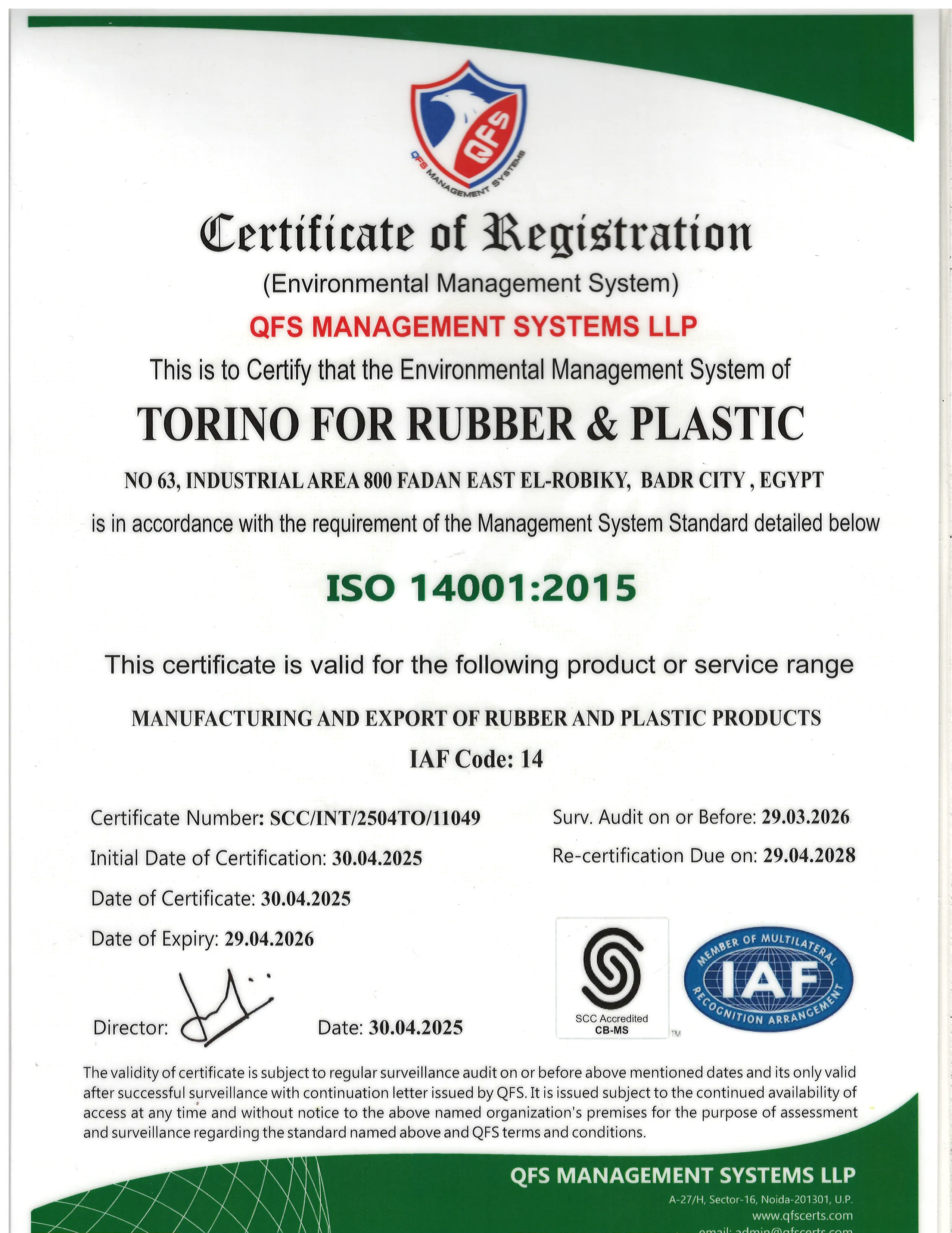 ISO 14001:2015 Environmental Management System Certificate — Torino for Rubber & Plastic