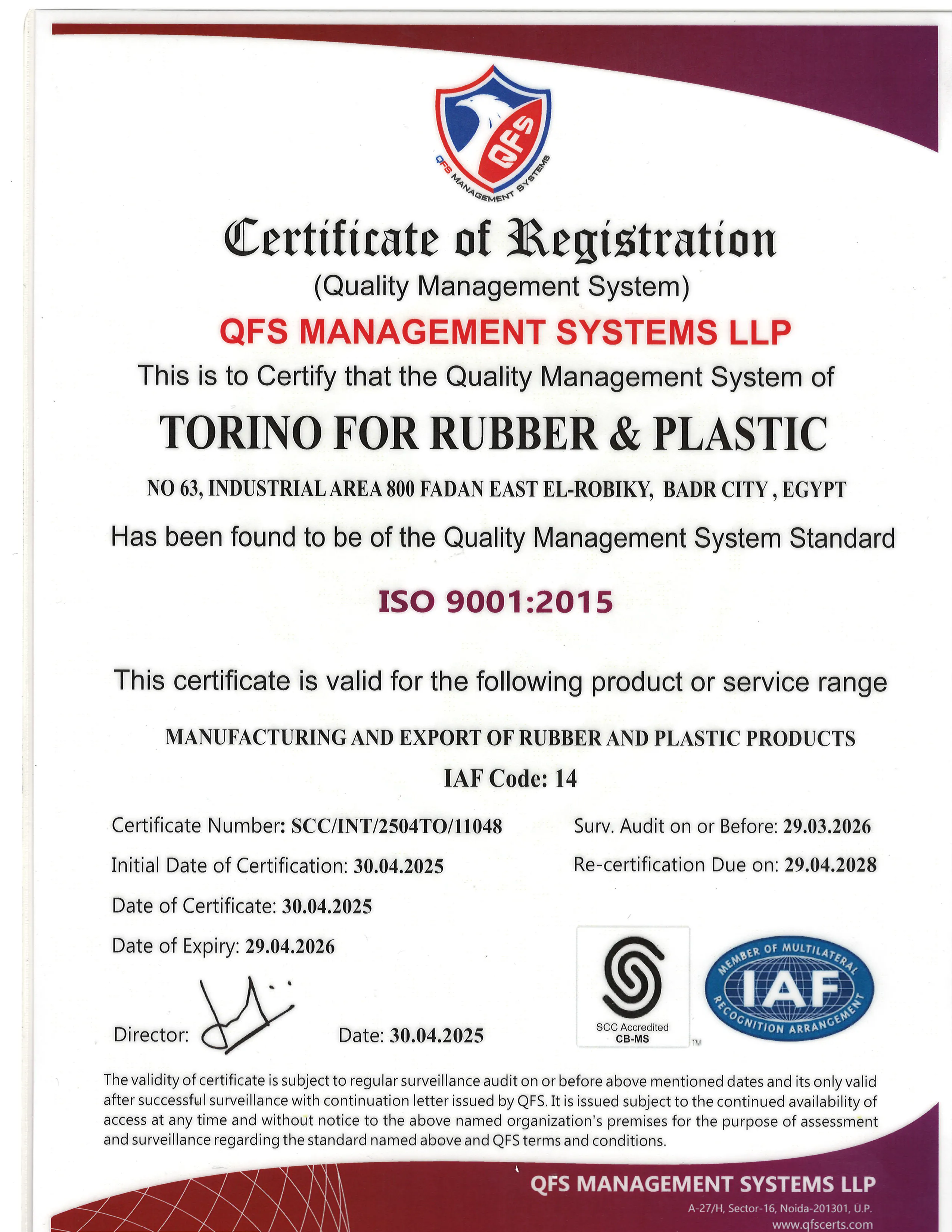ISO 9001:2015 Quality Management System Certificate — Torino for Rubber & Plastic