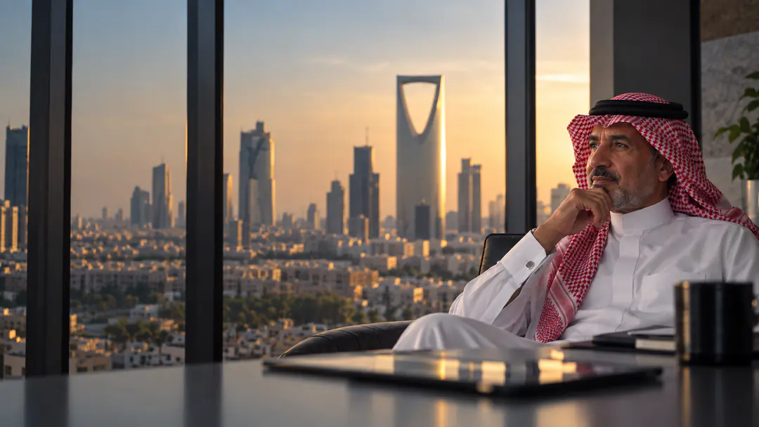 Saudi business executive in traditional Saudi attire overlooking Riyadh