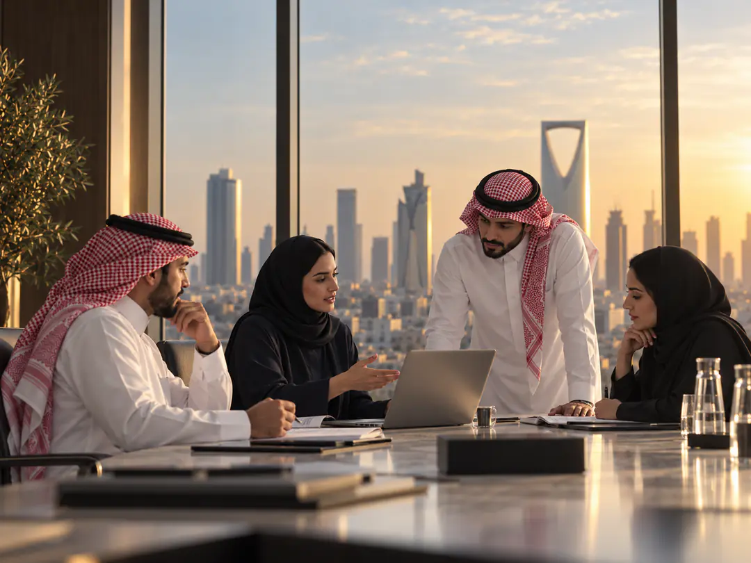 Saudi professional team discussing business priorities in a Riyadh boardroom