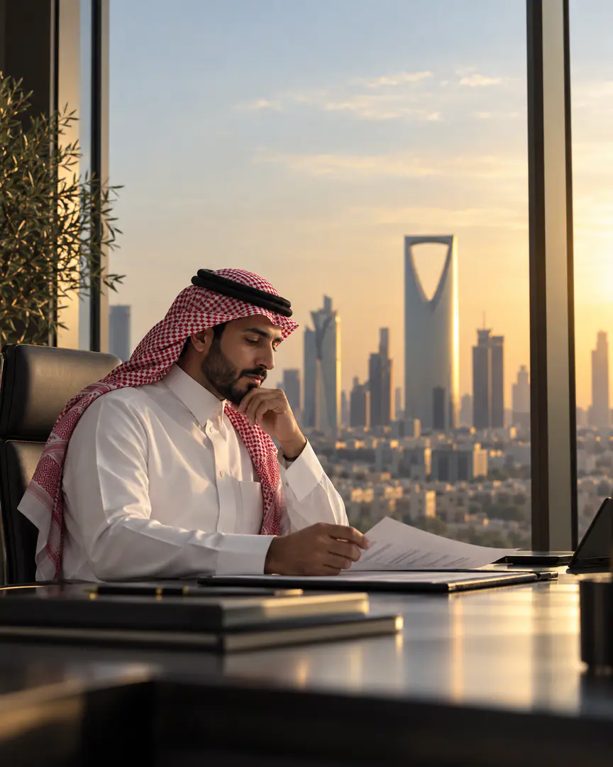 Saudi executive reviewing business documents in a Riyadh office