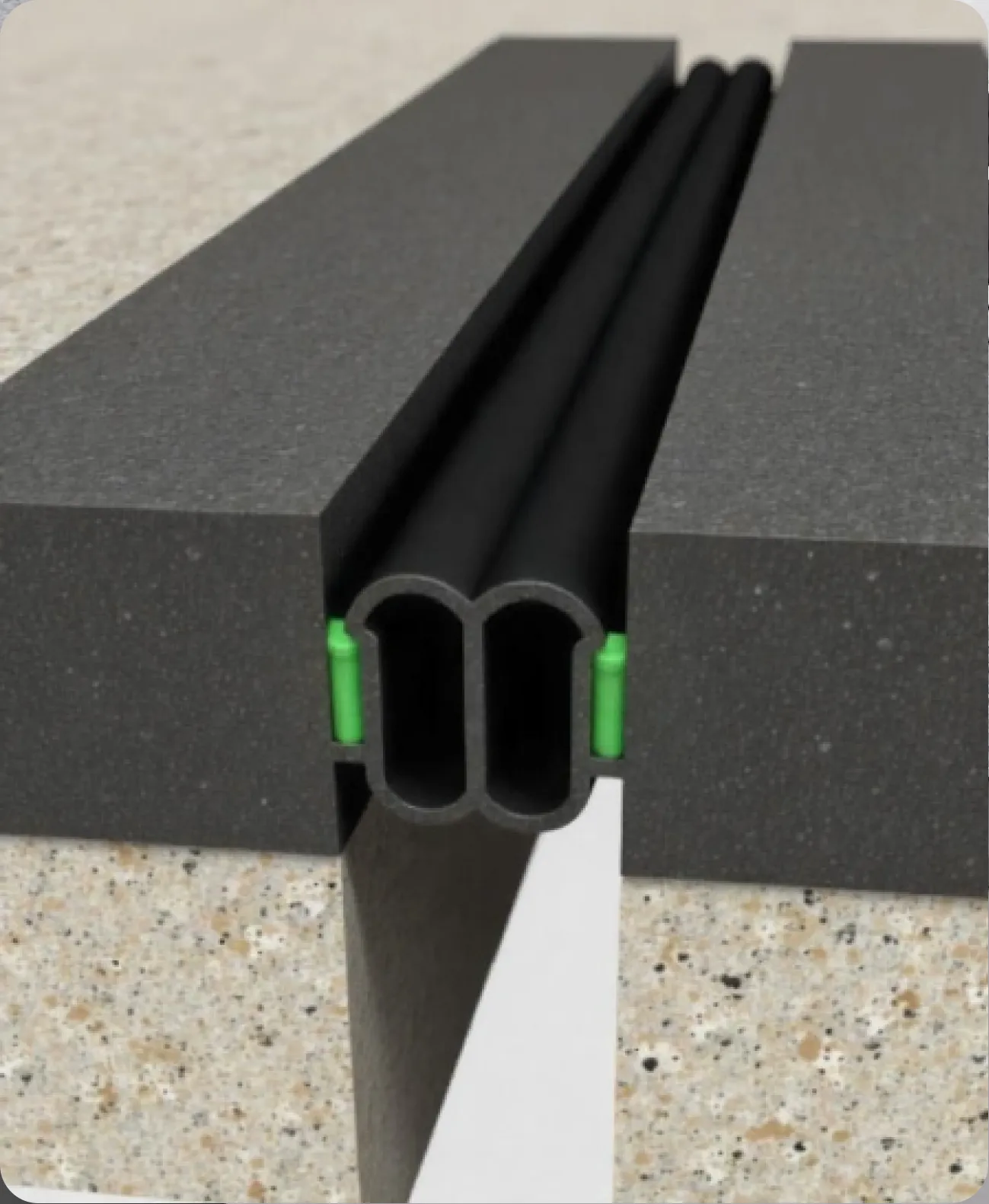 Cross-section of a ribbed EPDM expansion joint between two concrete slabs