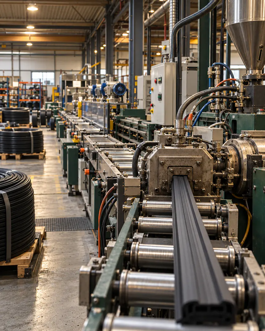 Illustration of an industrial rubber profile extrusion production line