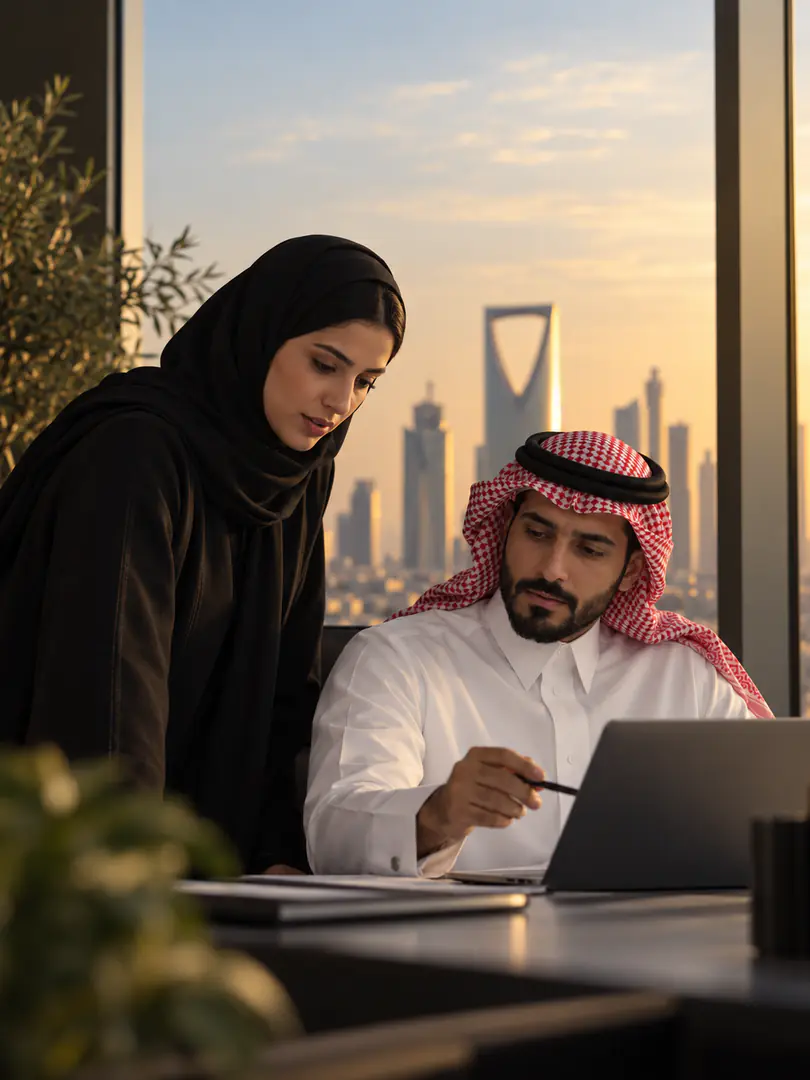 Saudi professionals reviewing work together in a Riyadh office