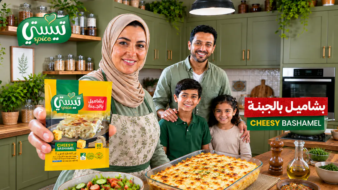 عائلة في المطبخ مع منتج بشاميل بالجبنة من Tasty Spice