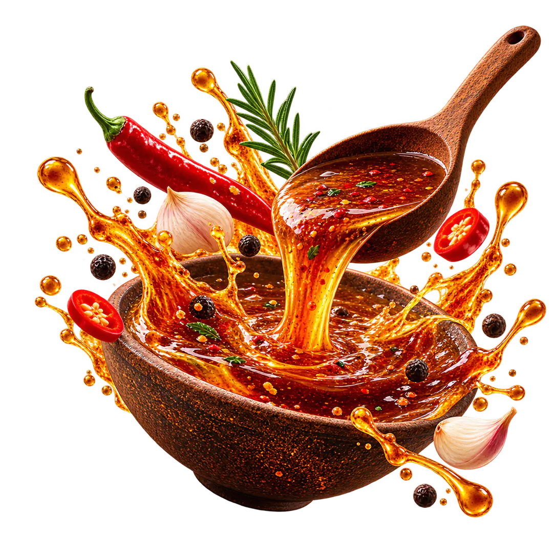 طبق مع صوص غني ومكونات وتوابل متطايرة