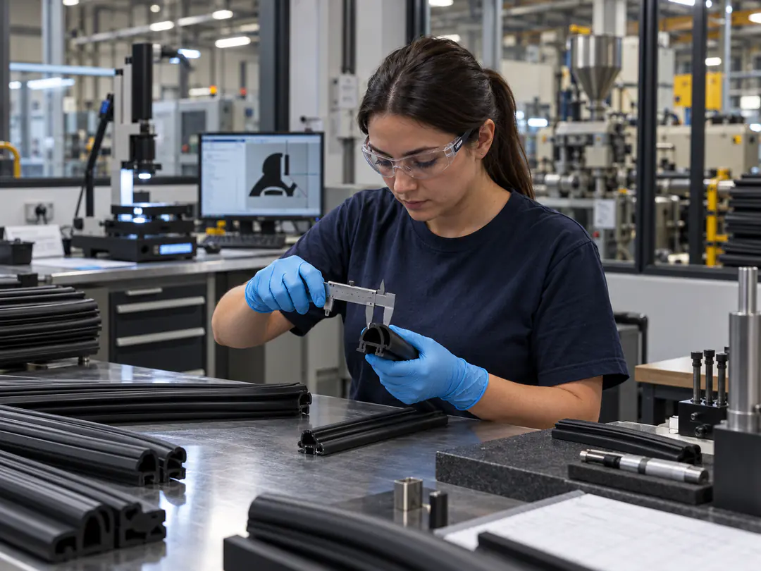 Illustration of quality inspection and measurement of an extruded rubber profile