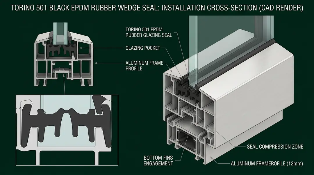 3D CAD render of Torino 501 glazing wedge EPDM profile extrusion