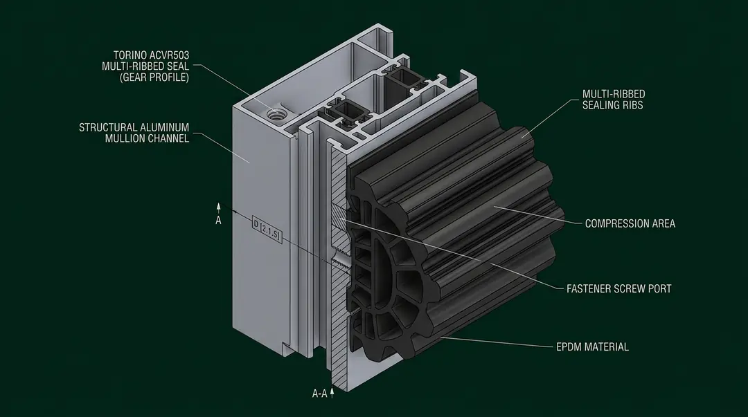 3D CAD render of Torino ACVR503 curtain wall ribbed profile seal in aluminum channel