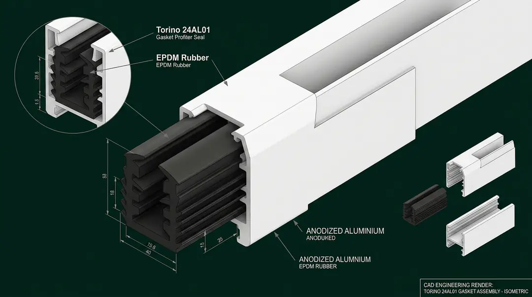 3D CAD render of Torino 24AL01 Alumil rubber gasket profile fitted in aluminum window channel