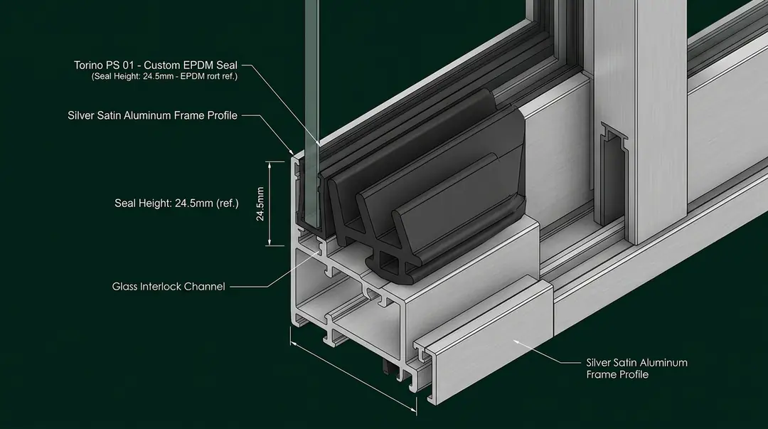 3D CAD render of Torino PS 01 sliding door hollow chamber rubber seal in channel
